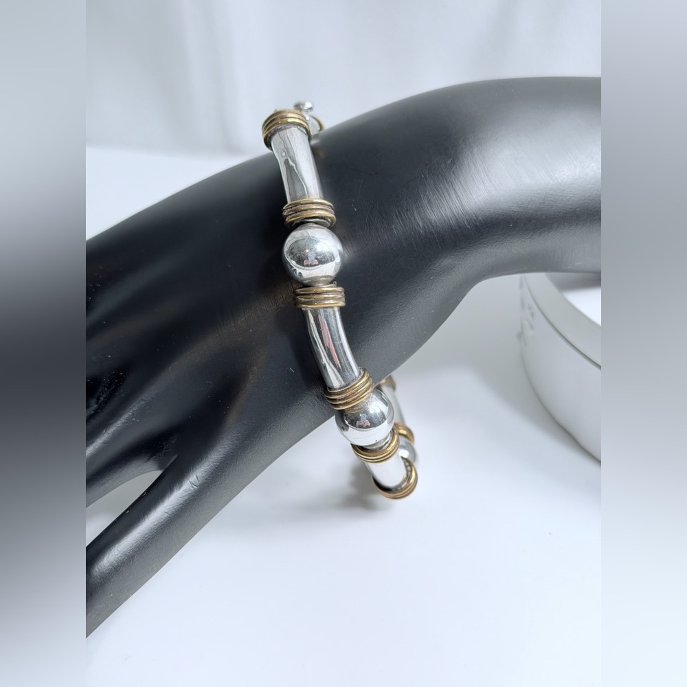 Vintage Unique Heavy Sterling Silver Ball & Tube w/Brass Wrapped Trim Bracelet - Picture 6 of 16